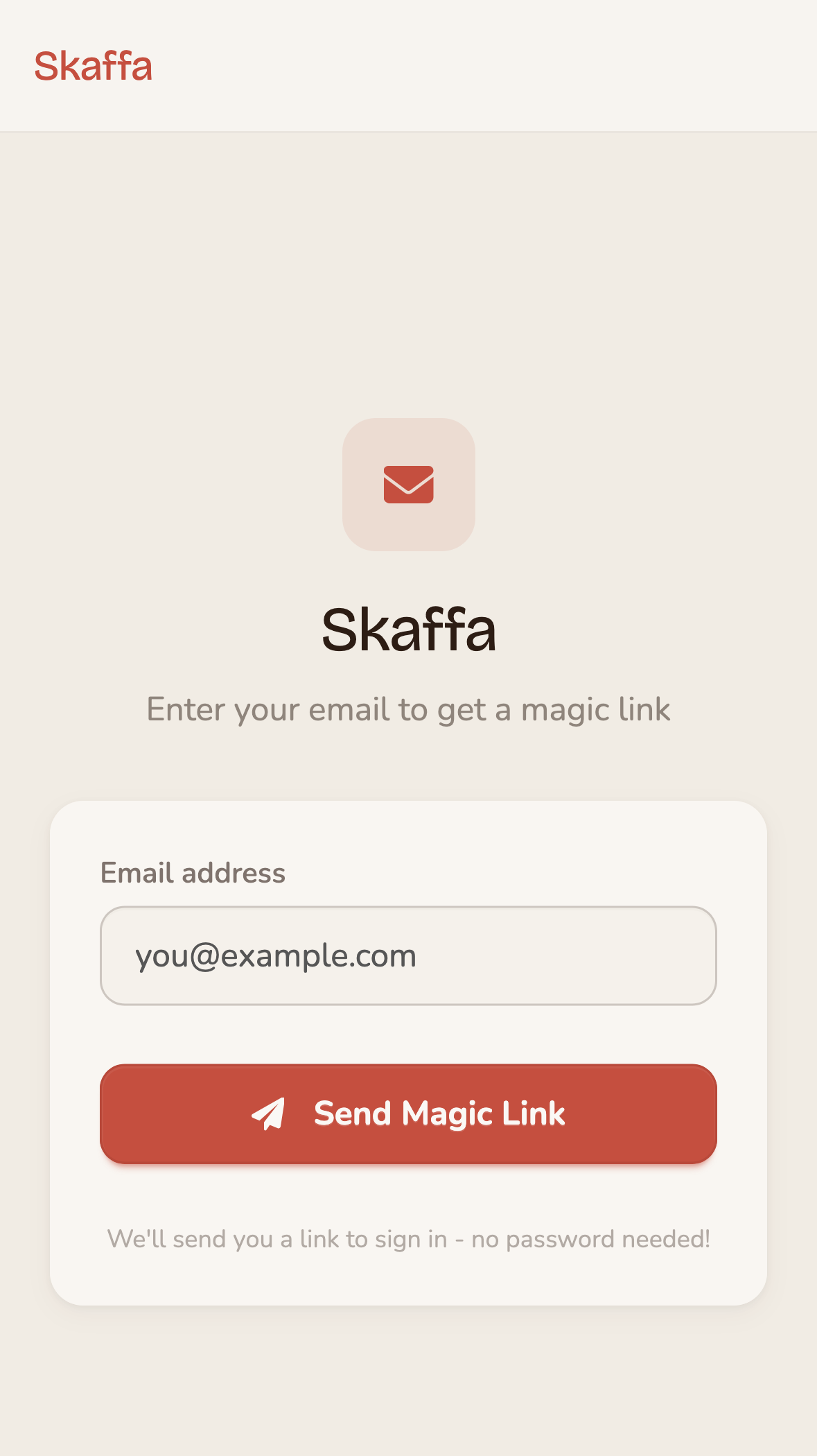 Skaffa login page with magic email link